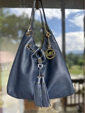 Vintage Michael Kors Large Shoulder Bag in Blue Pebbled Leather